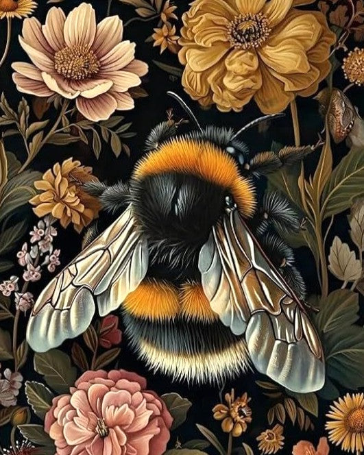 Illustration of a bee surrounded by flowers on a dark background