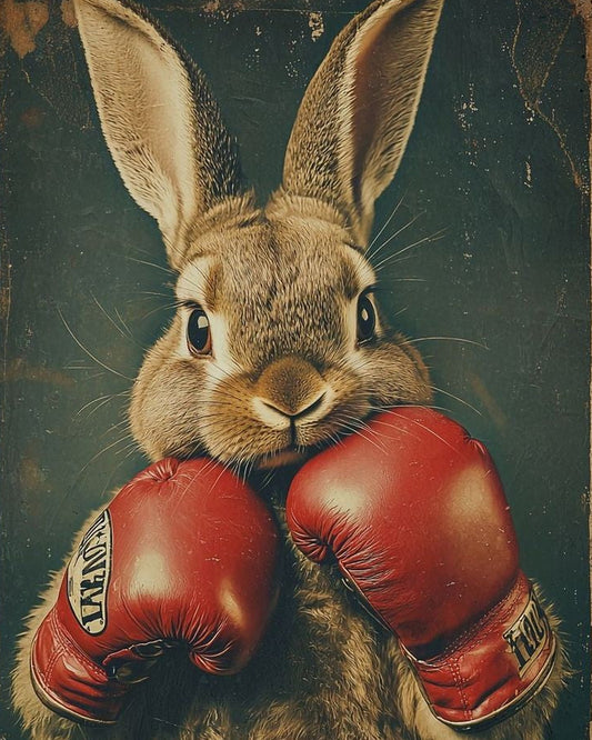 Illustration of a rabbit wearing red boxing gloves on a dark background