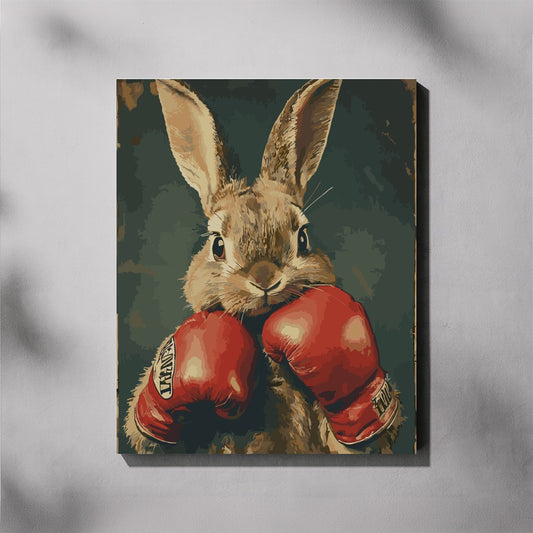 Canvas print of a rabbit wearing red boxing gloves on a textured gray background