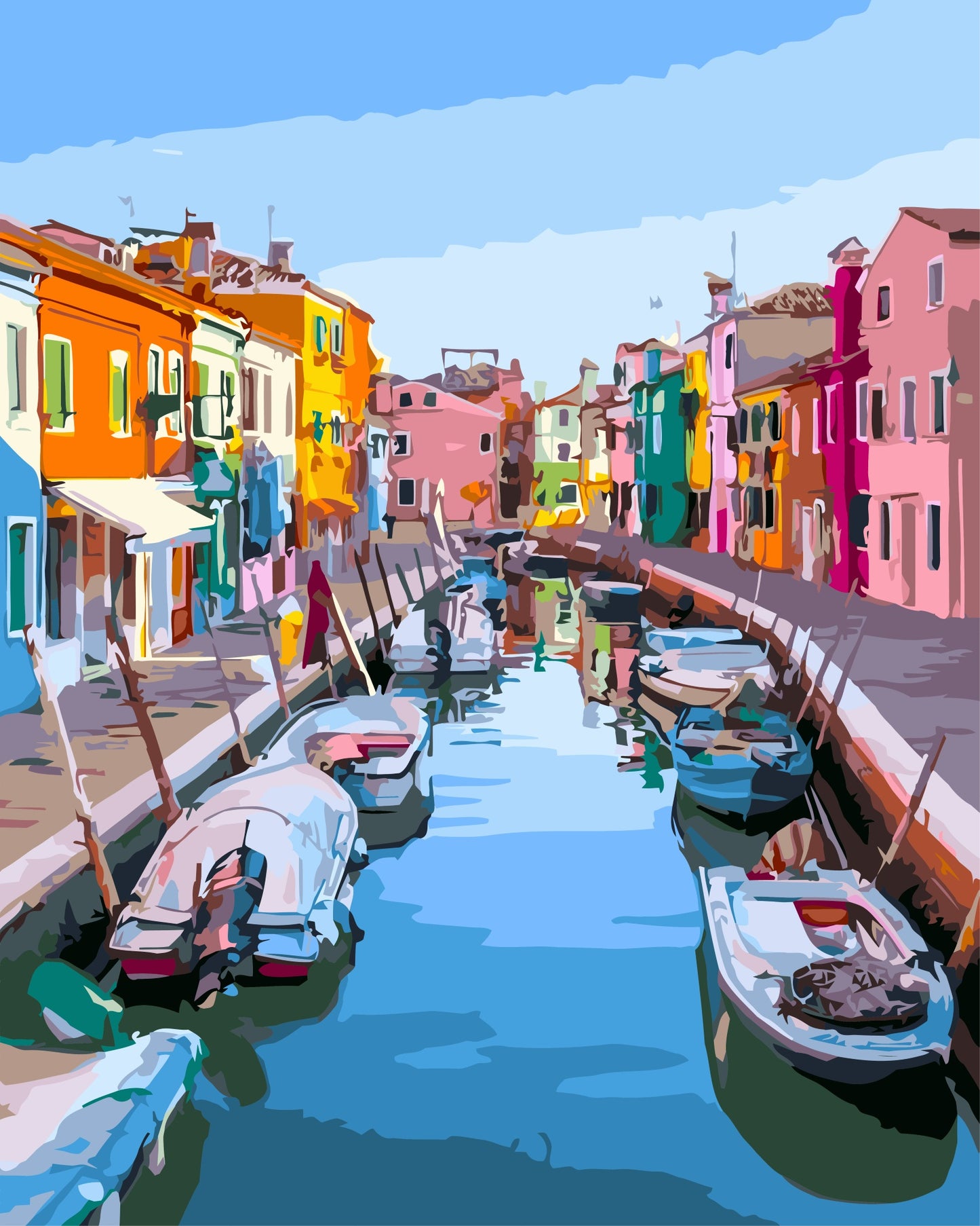 Painted effect of Colorful canal scene with boats and buildings in Burano, Italy