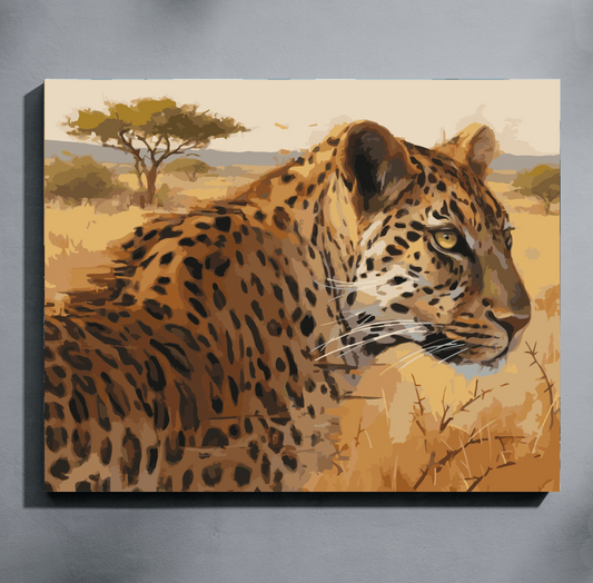 Bushveld Leopard paint by number kit — completed canvas mockup of a realistic leopard portrait in golden bushveld with acacia trees and blue mountains