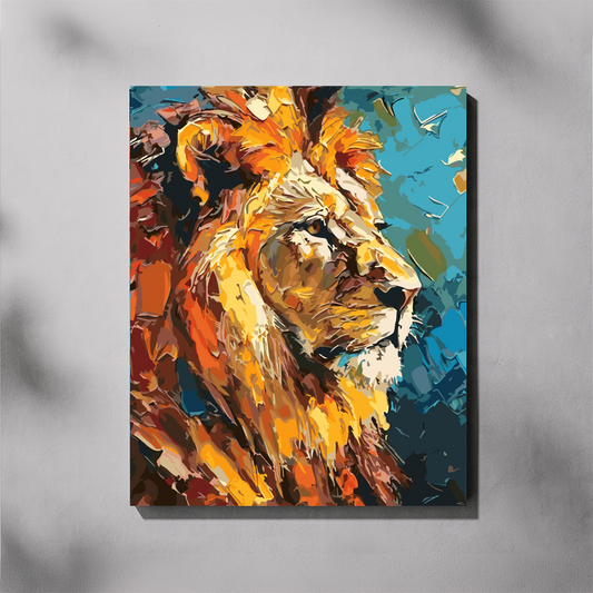 Colorful abstract painting of a lion's head on a gray background