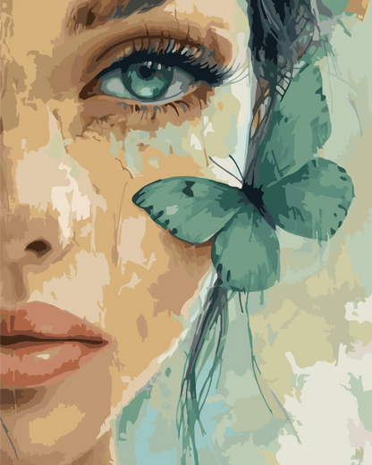 Artistic depiction of a face with a green butterfly on a beige background