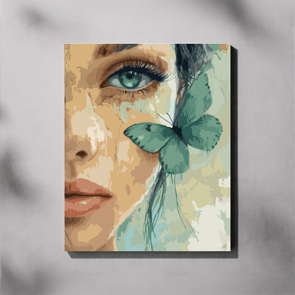 Artistic depiction of a woman's face with a butterfly on a textured gray background