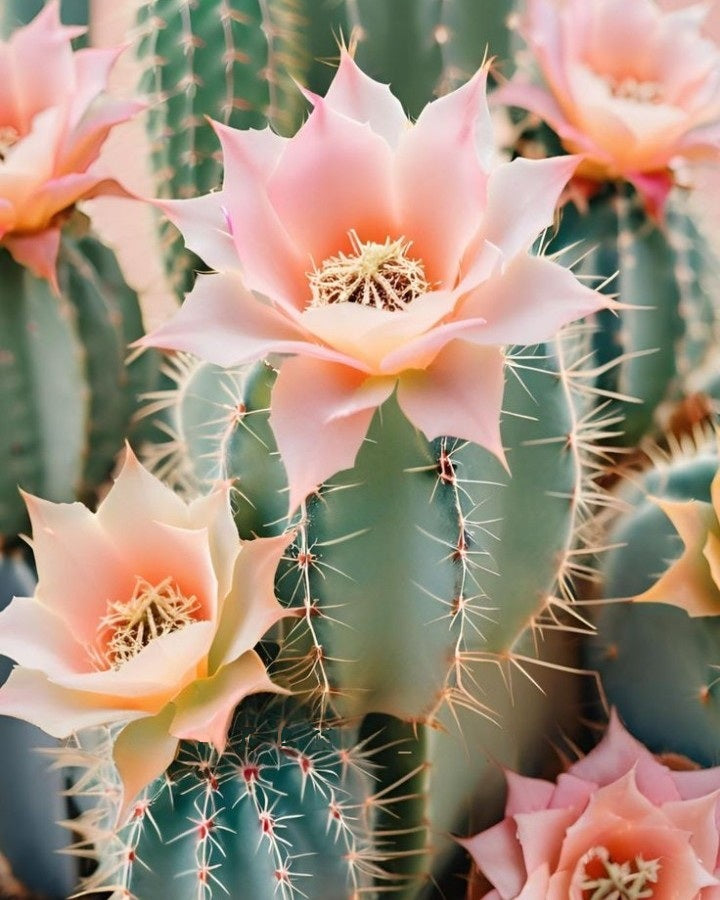 Close-up of a cactus with pink flowers and green spines.