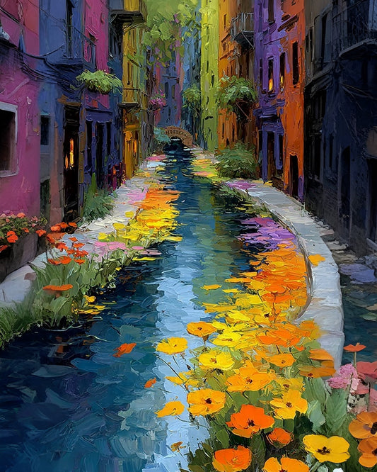 Vibrant impressionistic painting of a narrow canal winding between colorful buildings, with bright yellow, orange, pink, and purple flowers along the water's edge.