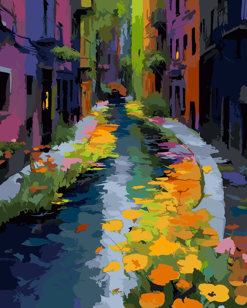 Colorful impressionistic paint by number  of a narrow canal or street lined with flowers and buildings, rendered in bold brushstrokes of blue, green, yellow, orange, pink, and purple.