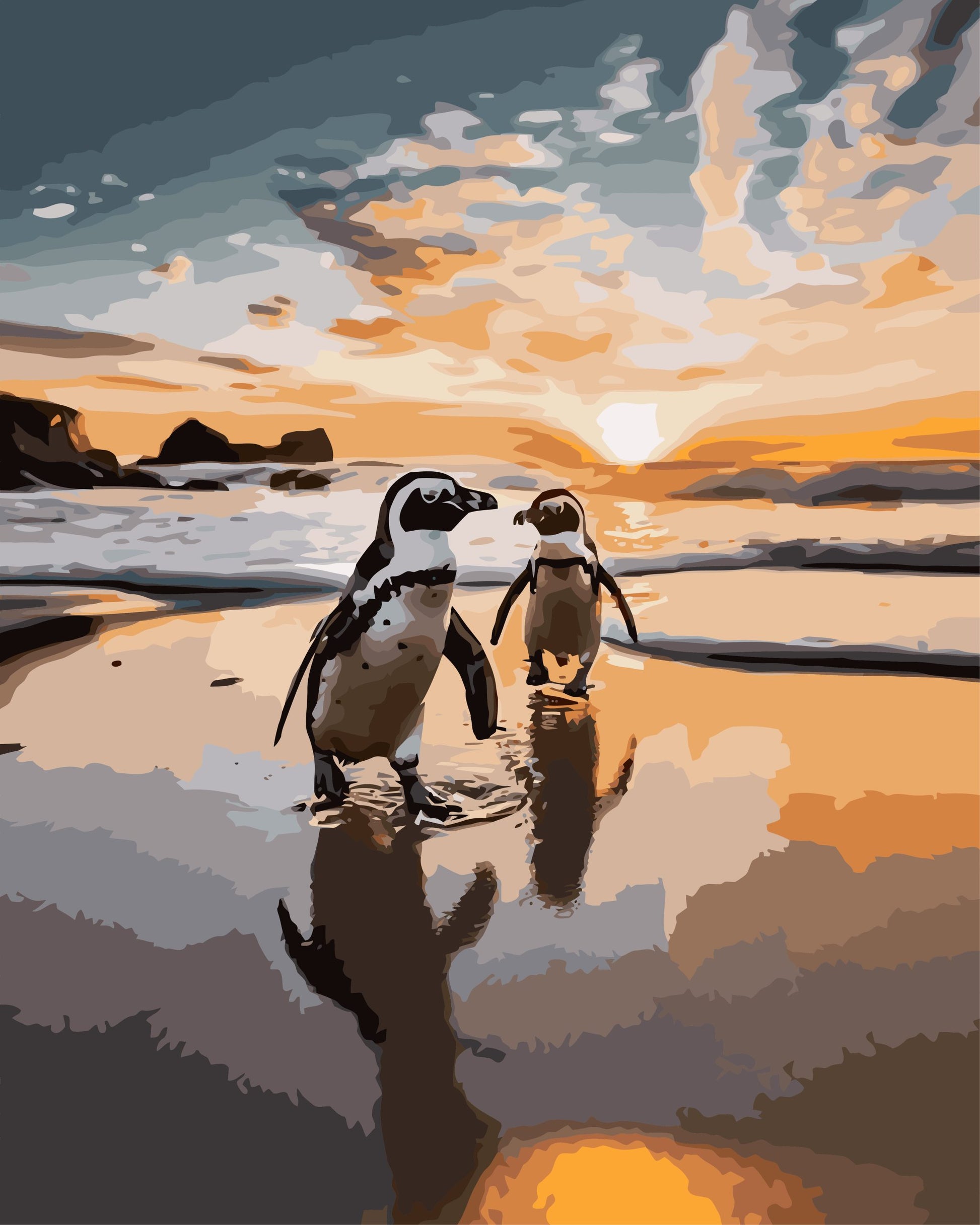 Two penguins walking on a beach at sunset with a colorful sky.