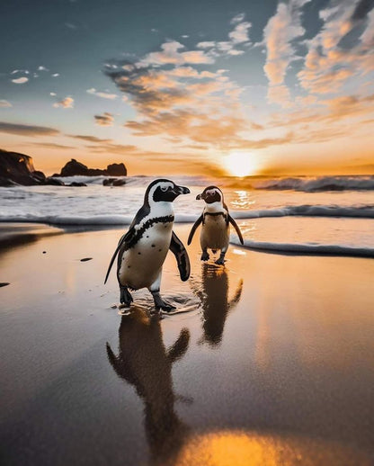 Two penguins walking on a beach at sunset with a colorful sky.