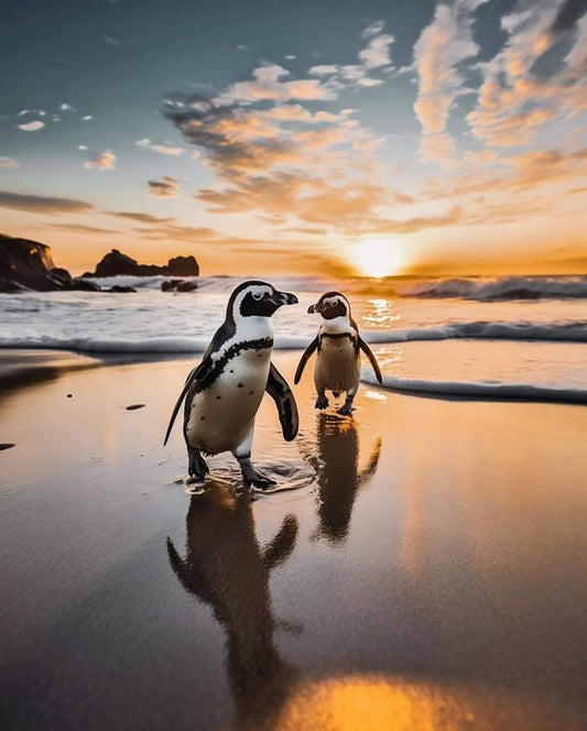Two penguins walking on a beach at sunset with a colorful sky.