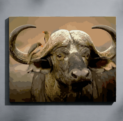Painting of a large animal with curved horns and birds on its back, set against a brown background.