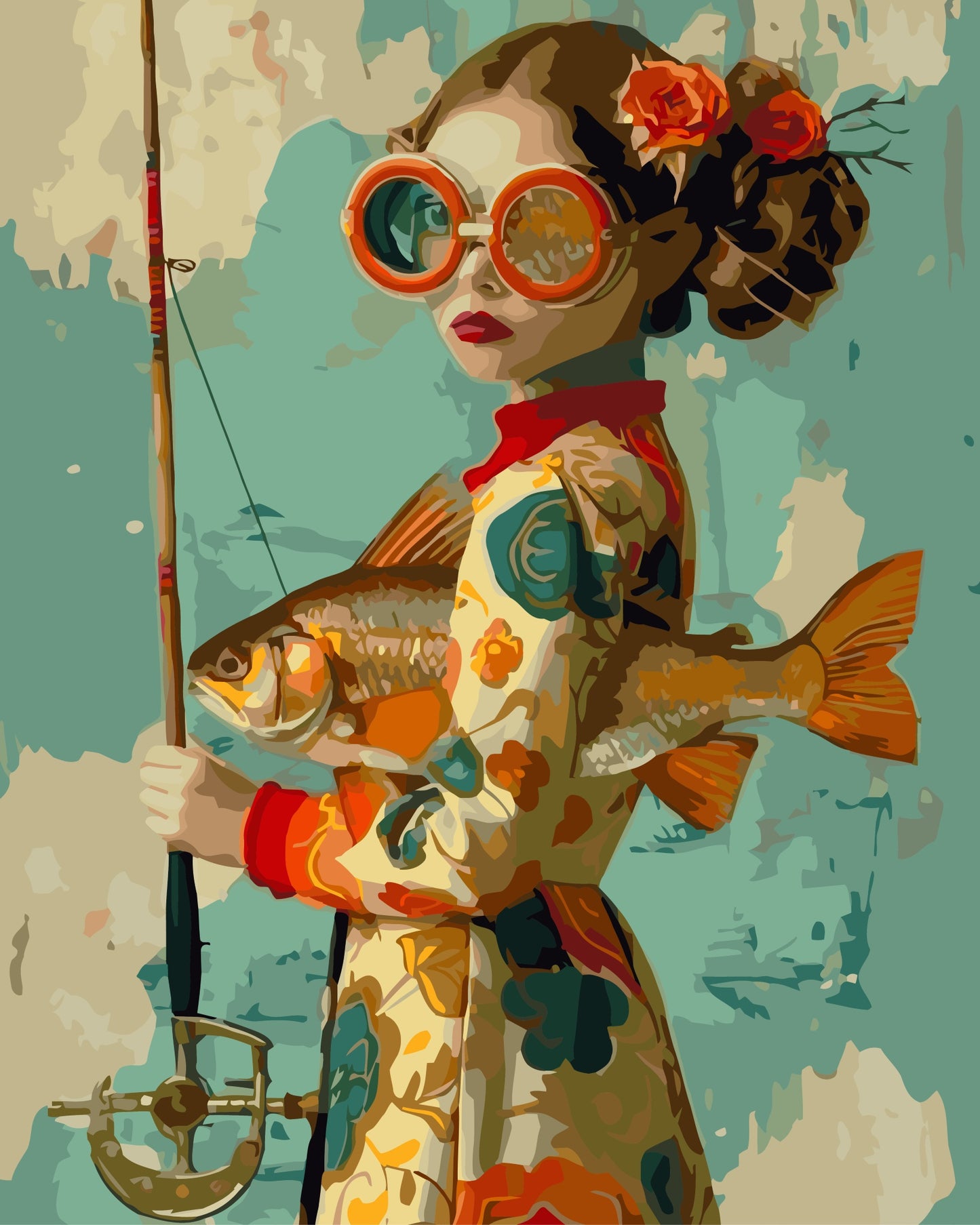 Artistic illustration of a woman holding a fish with a vintage aesthetic