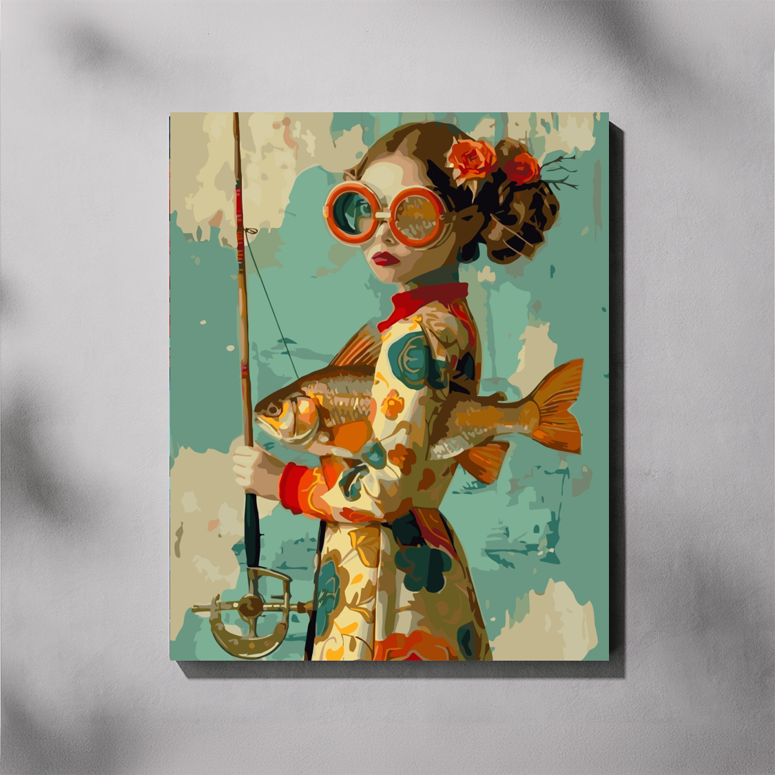 Artistic depiction of a woman holding a fish with a fishing rod on a textured background