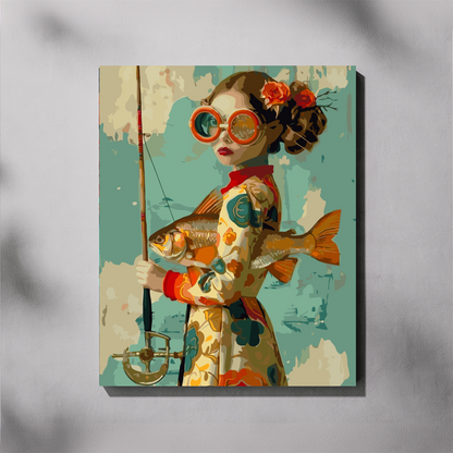 Artistic depiction of a woman holding a fish with a fishing rod on a textured background