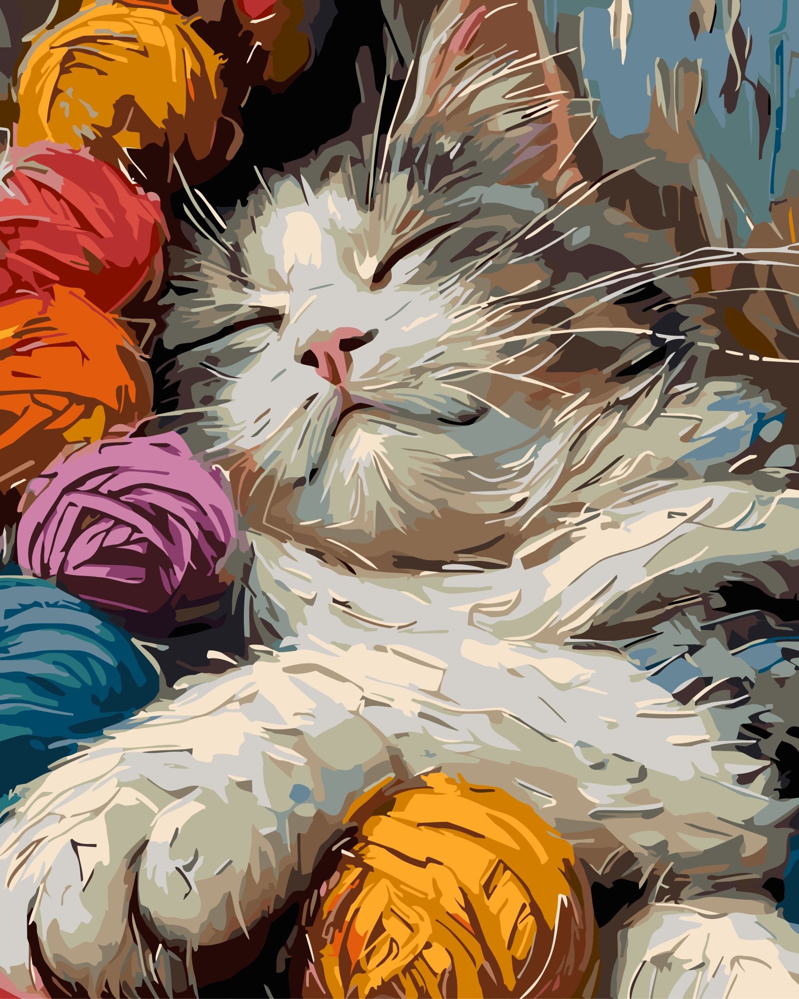 Cat surrounded by colorful yarn balls in a cozy setting