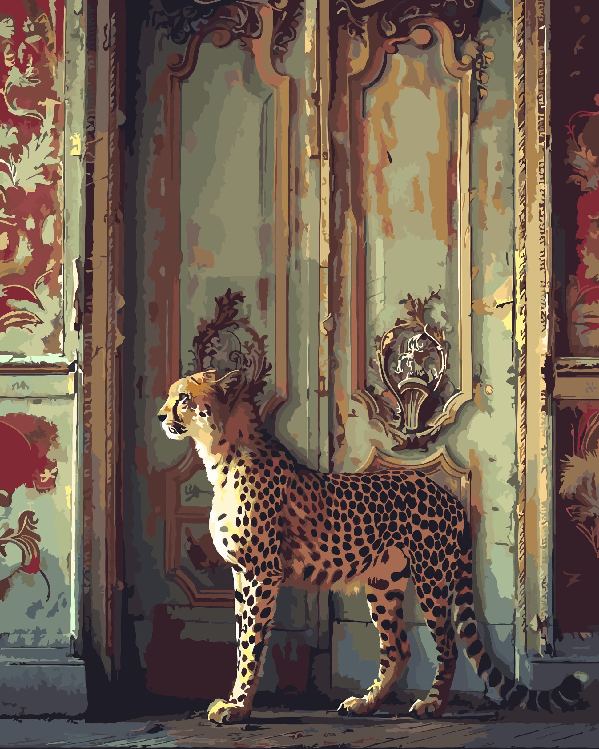 Cheetah Doorway paint by number kit — painterly effect of a cheetah in an ornate doorway with rich terracotta, earthy browns and deep jewel tones