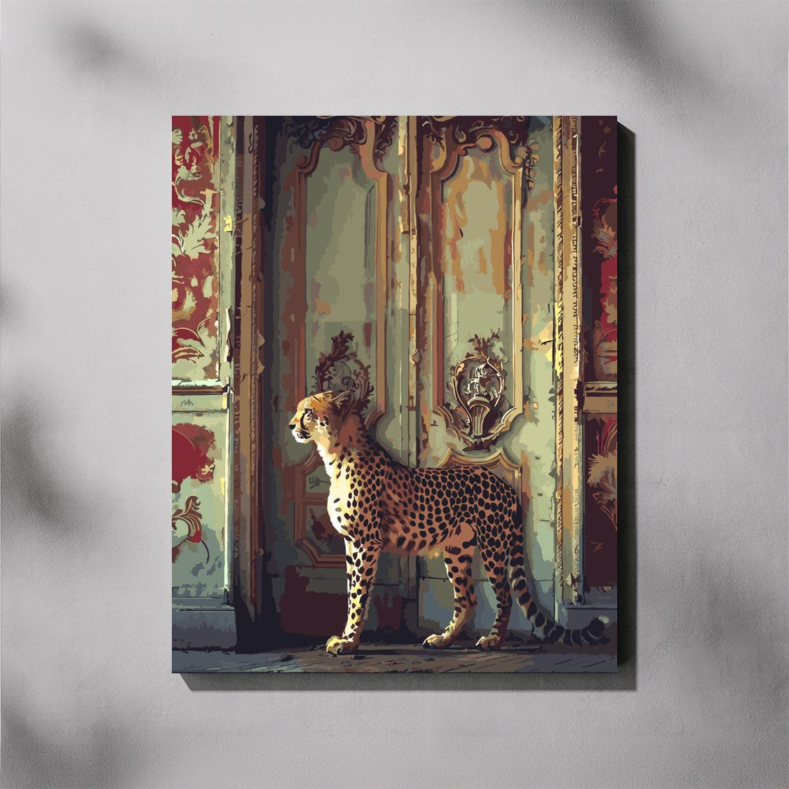 Cheetah Doorway paint by number kit — completed canvas mockup of a cheetah resting in an ornate doorway with patterned walls in golden amber and jewel tones