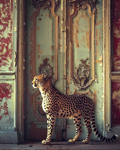 Cheetah standing in a room with ornate, vintage-style decor.