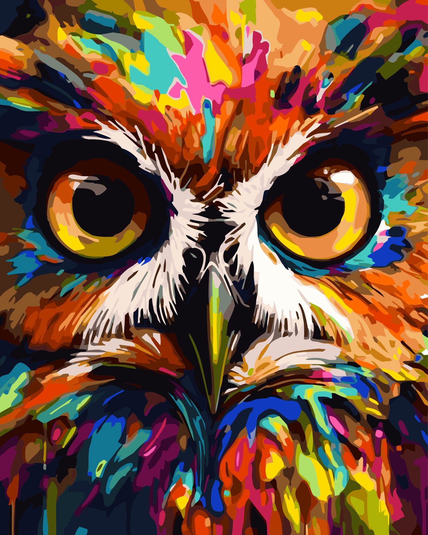Colorful owl painting with vibrant hues on a dark background