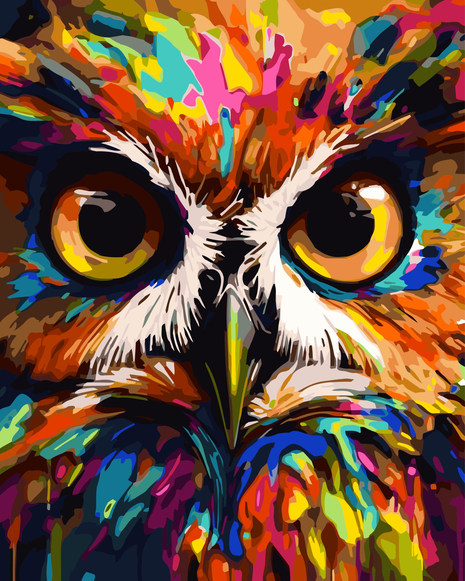 Colorful owl painting with vibrant hues on a dark background