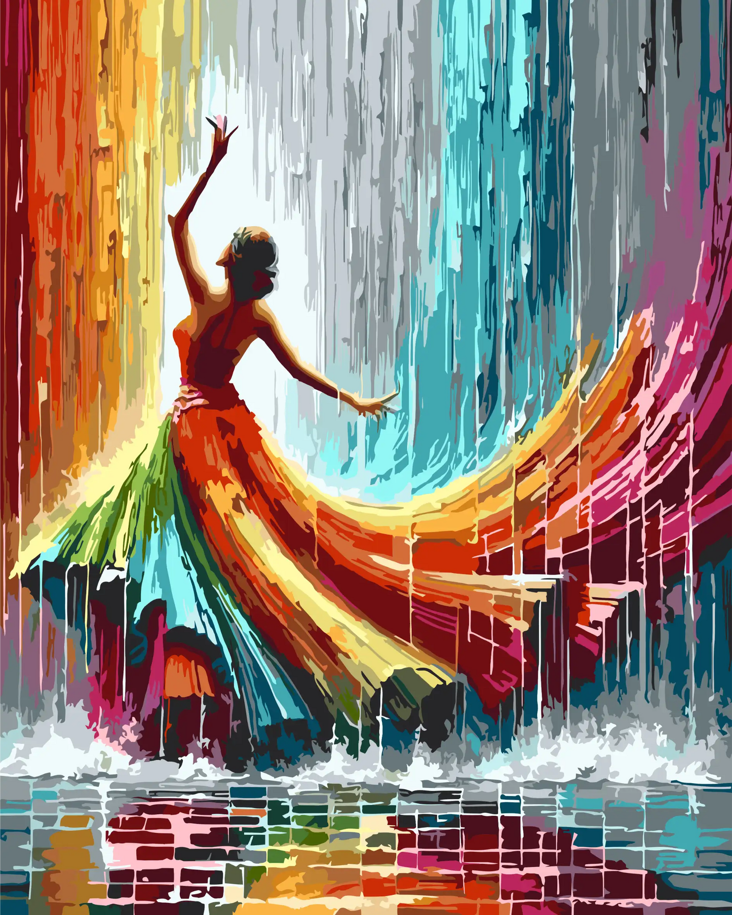 Colorful abstract painting of a dancer with vibrant rainbow dress against a multicolored background.