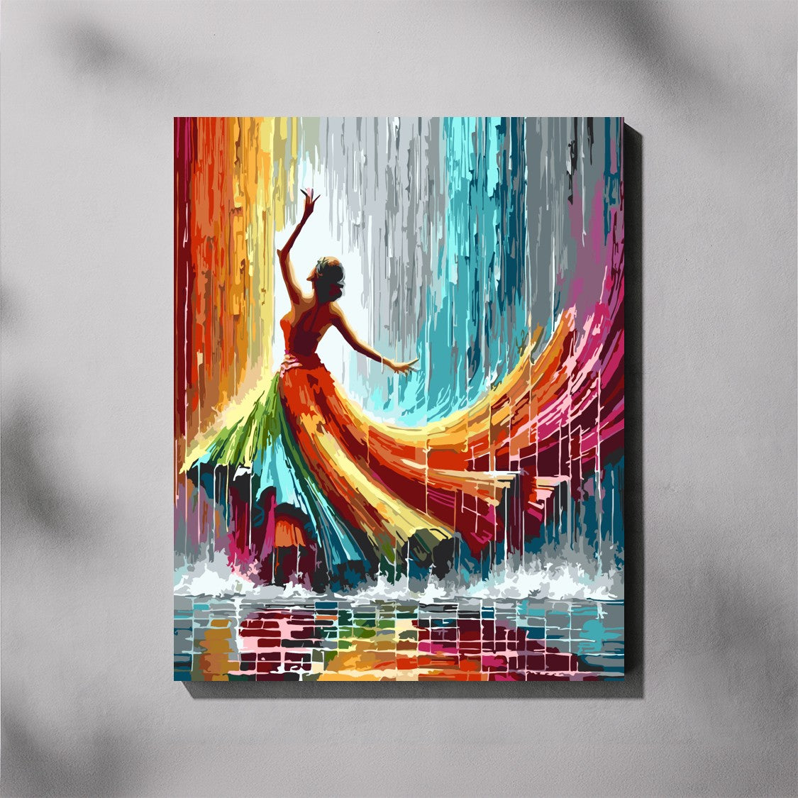 Colorful abstract painting of a dancer on a gray background
