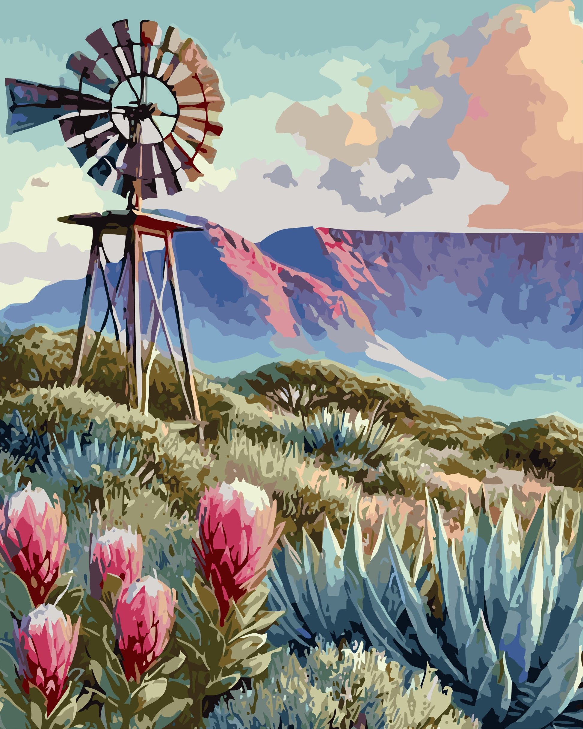 Painting of a windmill and desert landscape with pink flowers and blue sky.