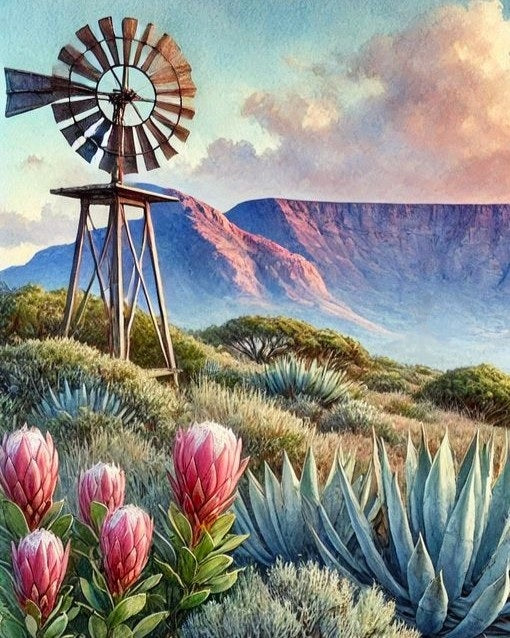 Painting of a windmill in a desert landscape with cacti and flowers.
