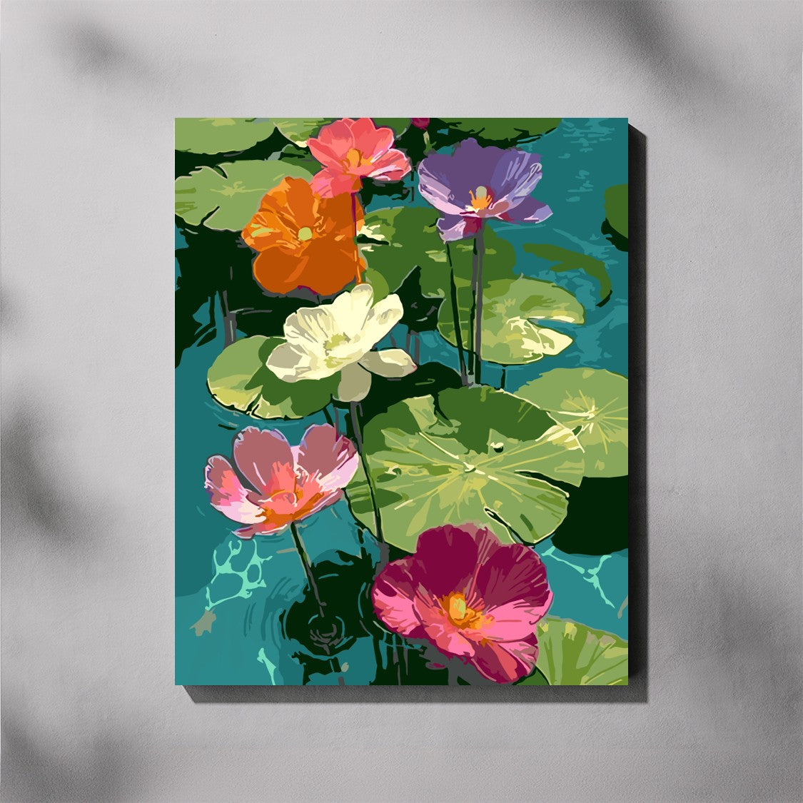 Paint by number of Colorful water lilies  in a pond with green leaves on a block mount