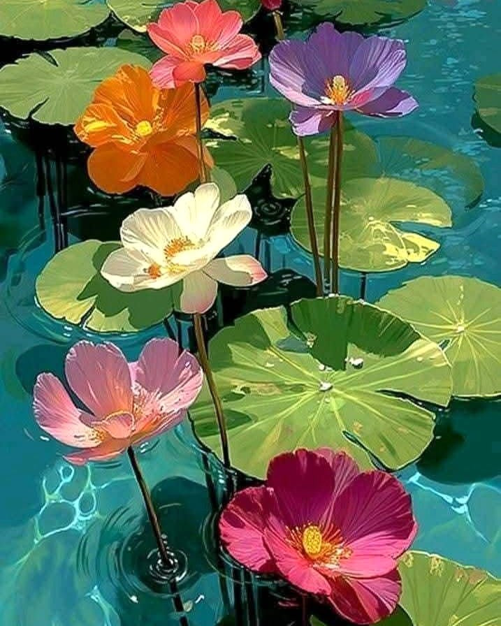 Colorful lotus flowers in a pond with green leaves.