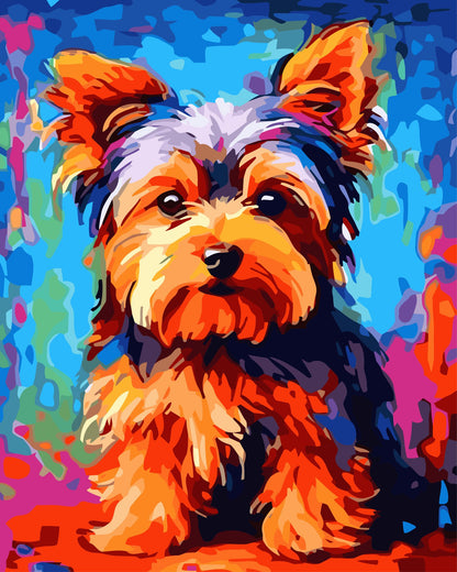 Yorkshire Terrier paint by number kit — vibrant colour pop portrait of a fluffy Yorkie in bold blues, oranges and reds