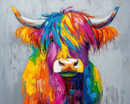 Vibrant colorful painting of a highland cow with long horns, featuring bold brushstrokes in yellow, orange, pink, blue, green, and purple against a textured gray background.