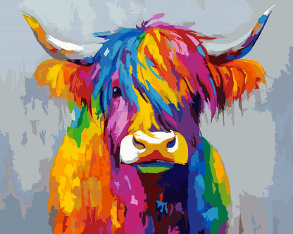 A colorful pop-art style paint by number of a highland cow with bright rainbow hues including blue, pink, yellow, orange, green, and purple, set against a soft gray background.