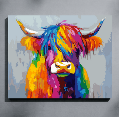 A colorful paint by number canvas depicting a highland cow with bright rainbow brushstrokes on a light gray background, shown hanging on a gray wall.