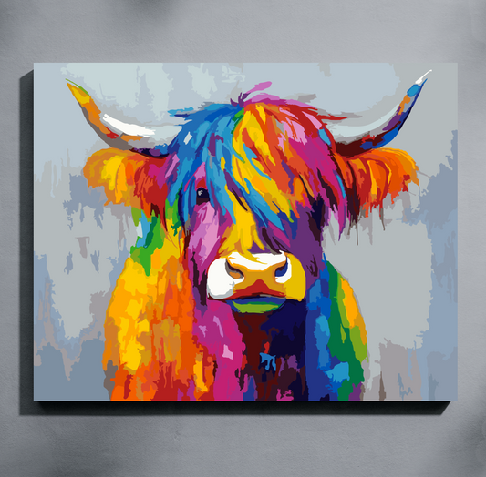 A colorful paint by number canvas depicting a highland cow with bright rainbow brushstrokes on a light gray background, shown hanging on a gray wall.