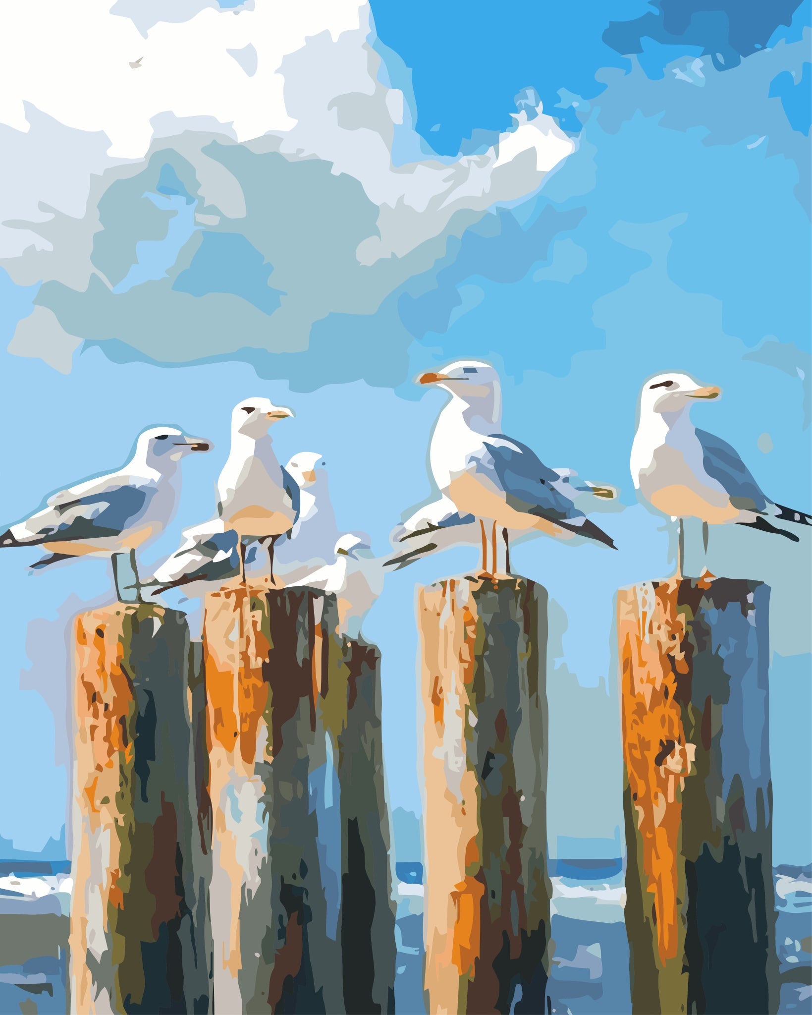 Seagulls perched on wooden posts with a blue sky and ocean background