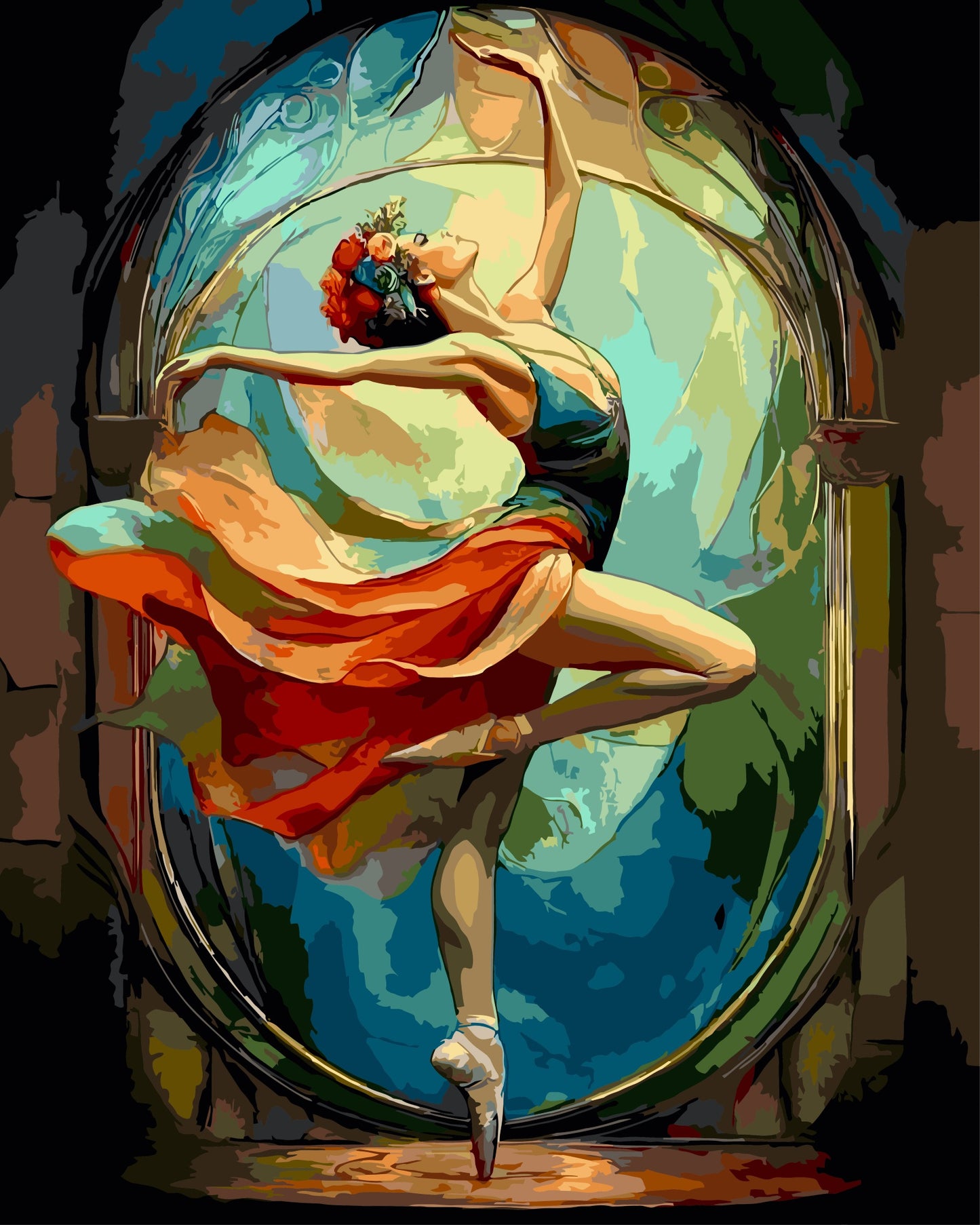 Colorful illustration of a dancer with a bouquet inside a decorative frame.