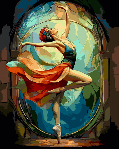 Colorful illustration of a dancer with a bouquet inside a decorative frame.