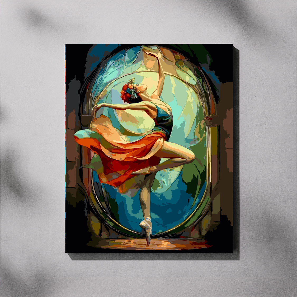 Colorful painting of a dancer in a circular frame on a gray background