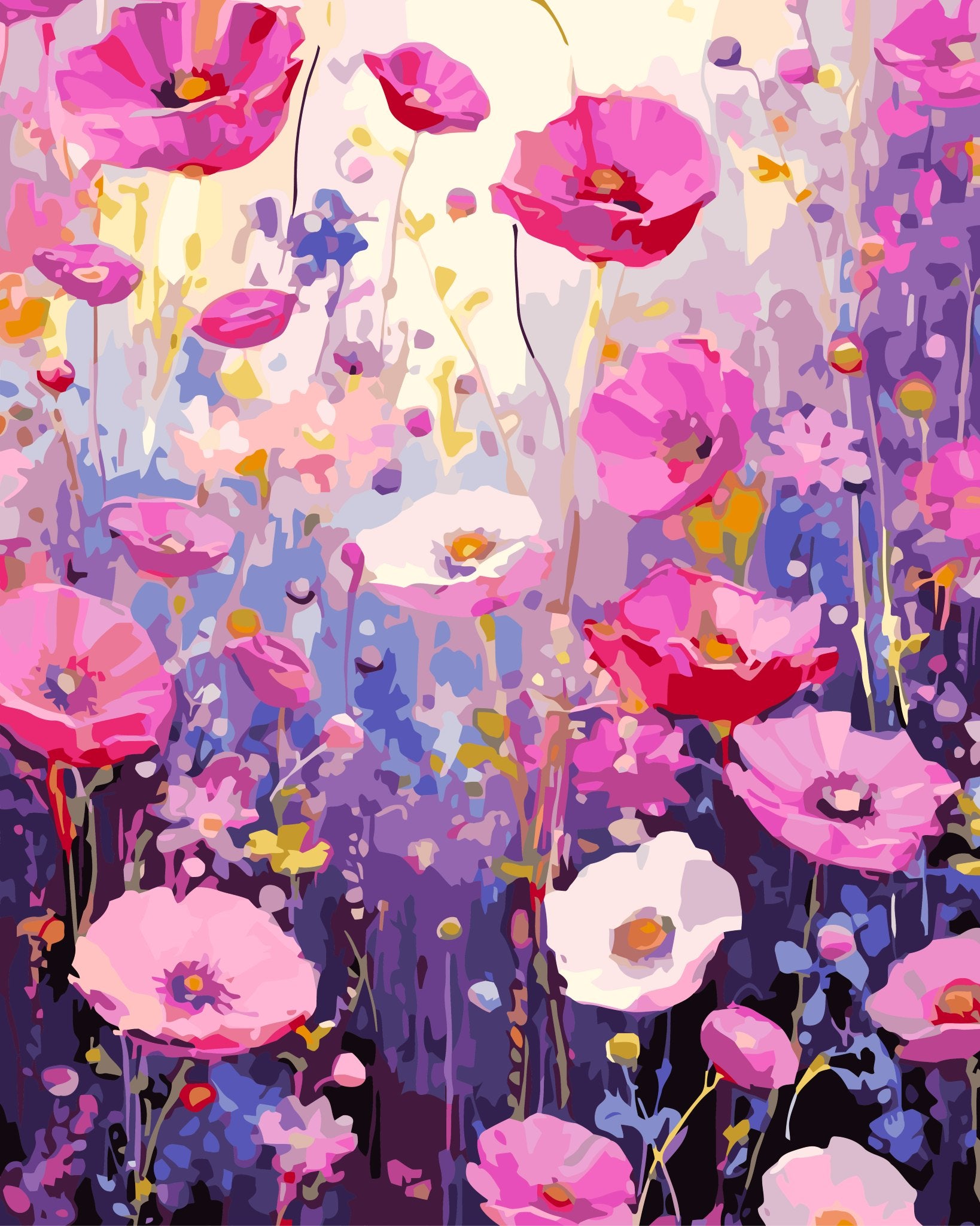 Cosmos 1 paint by number kit — artistic effect of cosmos flowers in hot pink and soft pink with gold stems and yellow accents against a dreamy lavender background
