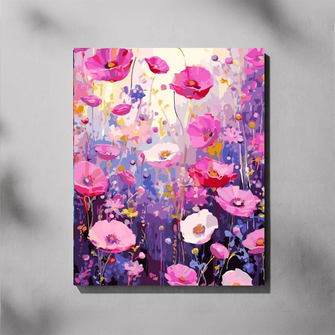 Cosmos 1 paint by number kit — completed canvas mockup of a field of cosmos flowers in hot pink, soft pink and white with a glowing purple and lavender background
