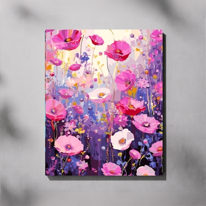 Cosmos 1 paint by number kit — completed canvas mockup of a field of cosmos flowers in hot pink, soft pink and white with a glowing purple and lavender background
