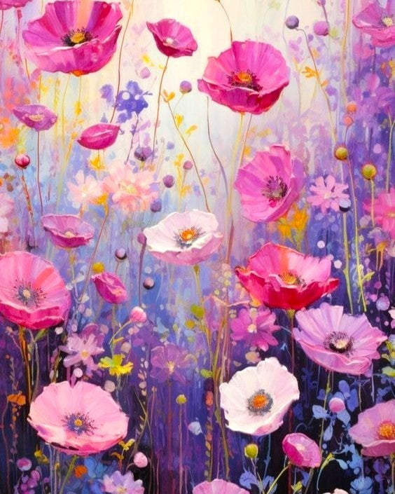 Colorful painting of pink and purple flowers with a soft focus background