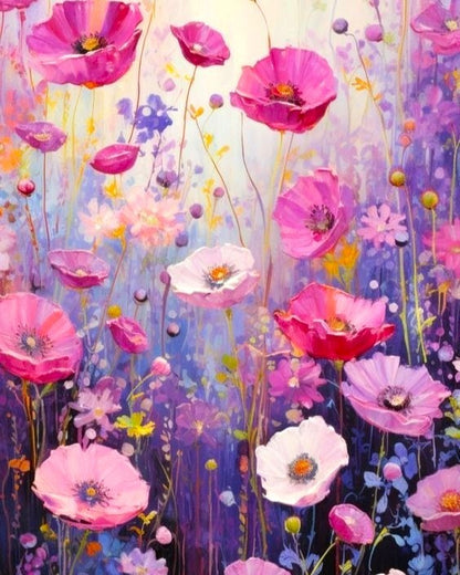 Colorful painting of pink and purple flowers with a soft focus background