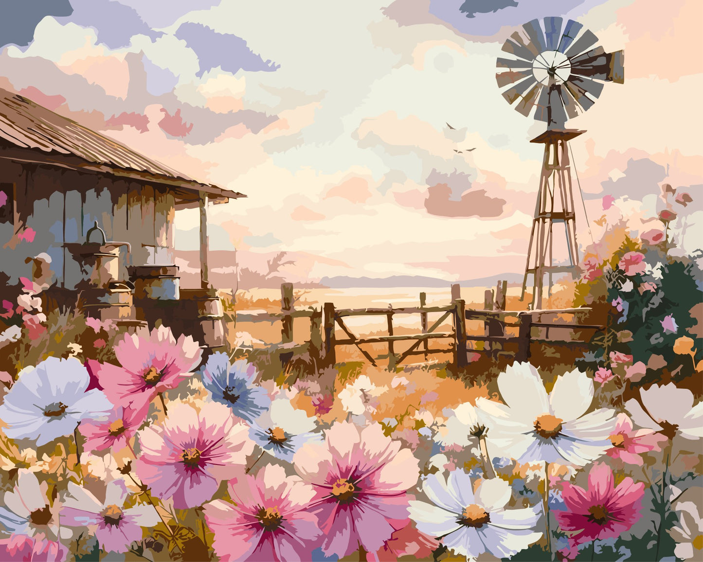 Cosmos Farmyard paint by number kit — artistic effect of a watercolour farm landscape with cosmos flowers in soft pink, white and lavender tones and a warm golden sunrise sky
