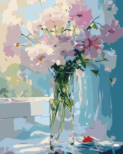 Painting of a vase with cosmos flowers on a colorful abstract background