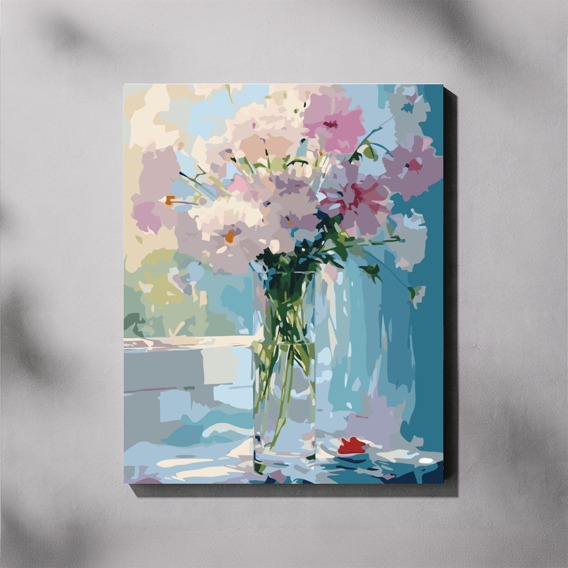 Canvas print of a bunch of cosmos in a vase on a gray background