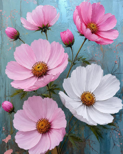A floral painting featuring large pink and white cosmos-like flowers with yellow centers against a textured light blue background.