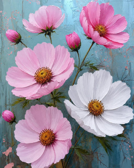 A floral painting featuring large pink and white cosmos-like flowers with yellow centers against a textured light blue background.