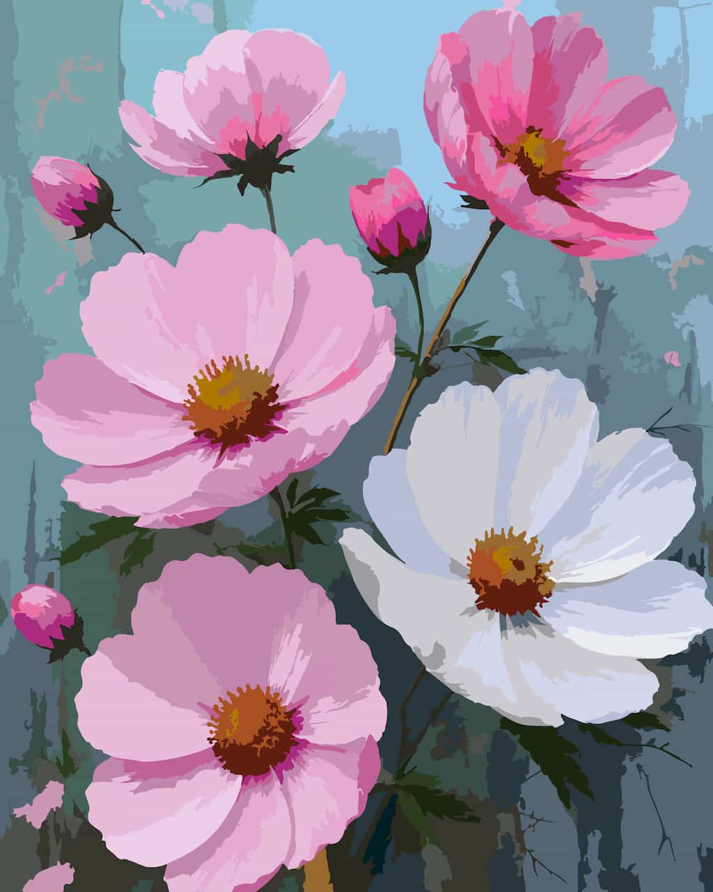 A  paint by number canvas featuring a display of cosmos flowers in shades of pink and white  with yellow centers against a muted blue-gray background,